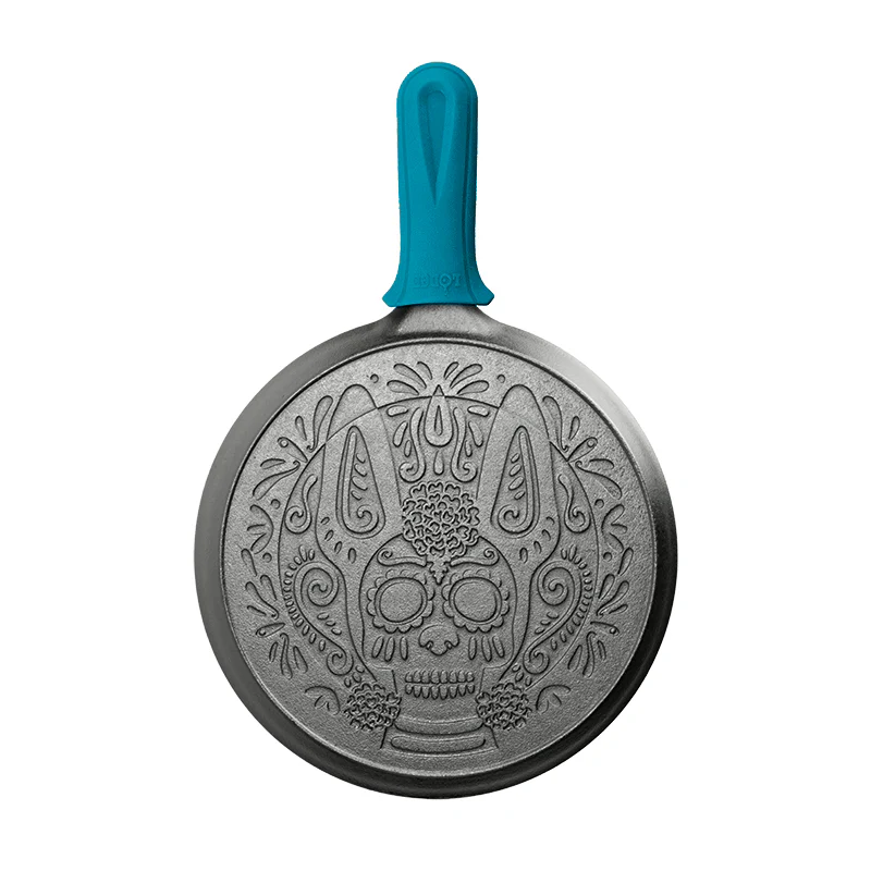 10.5 Inch Seasoned Cast Iron Xolo Sugar Skull Griddle with Deluxe Handle Holder 2 10.5 Inch Seasoned Cast Iron Xolo Sugar Skull Griddle with Deluxe Handle Holder