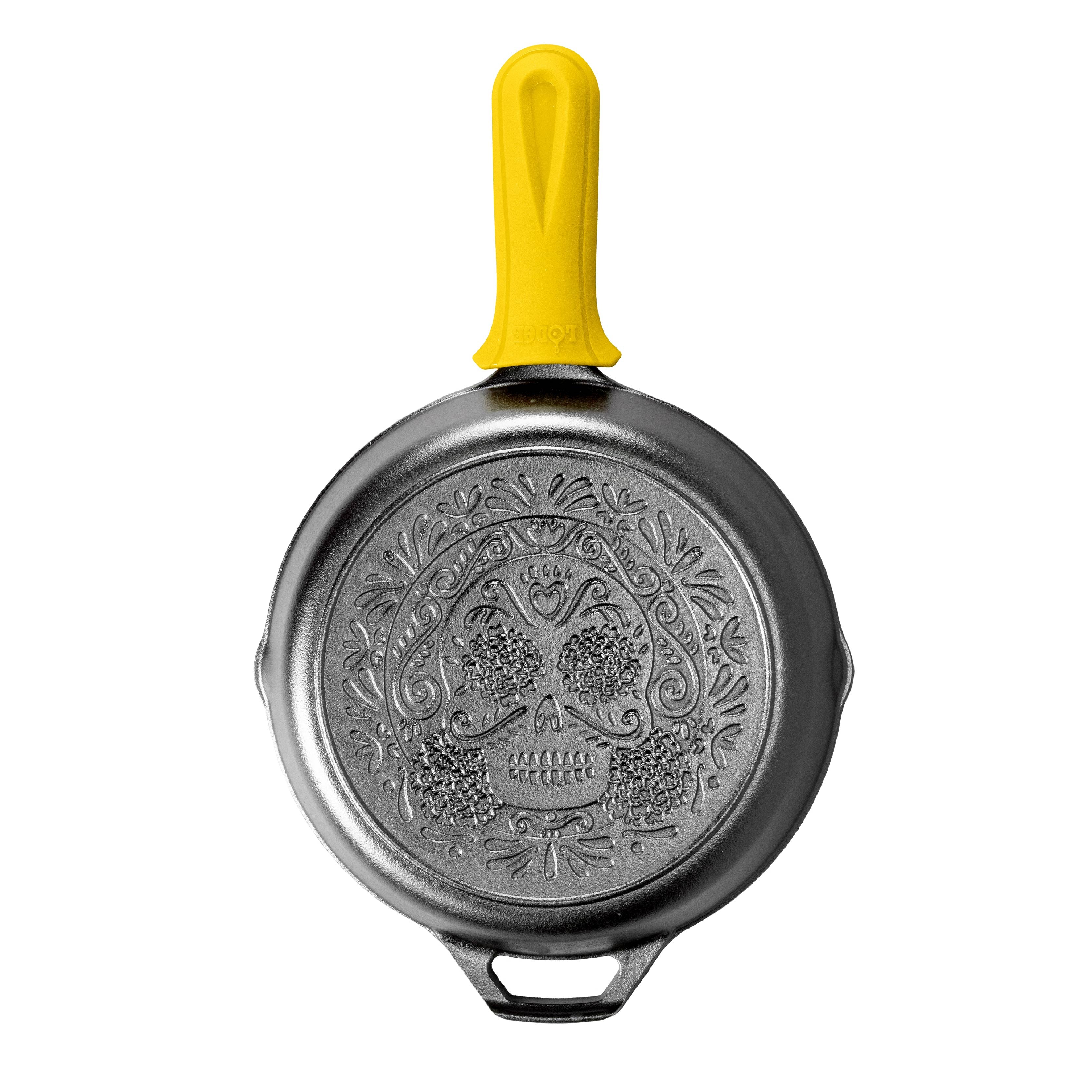 Seasoned Cast Iron Sugar Skull Skillet with Deluxe Handle Holder 4 Seasoned Cast Iron Sugar Skull Skillet with Deluxe Handle Holder
